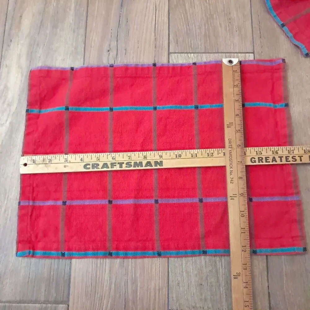 Vintage Dansk placemat set 8 red plaid windowpane rainbow cotton Ritva Puotila